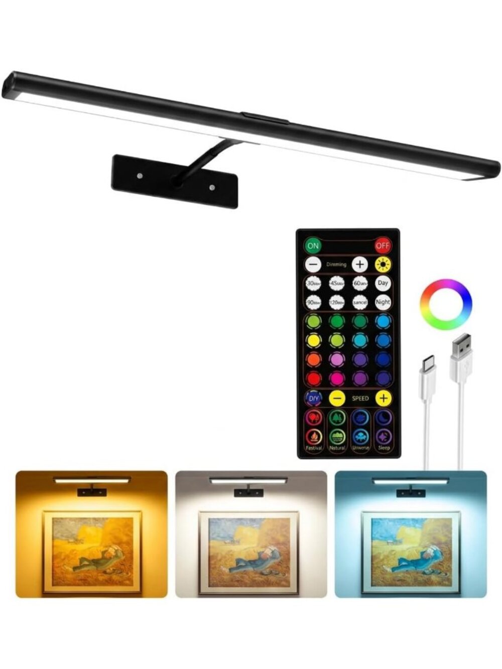 Rechargeable Wireless Picture Light - Dimmable RGB LED Art Display, 16In